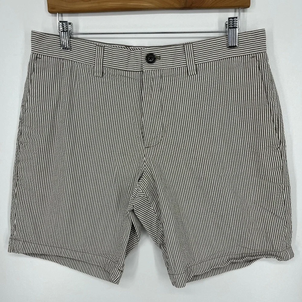 Banana Republic Aiden Short Mens 31 Brown White Striped Seersucker Cotton Slim